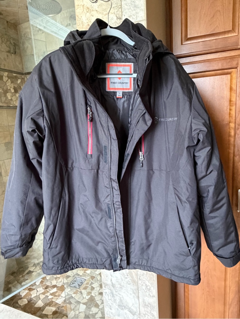 Free Country men’s Hooded Winter Jacket — Black with Red Accents